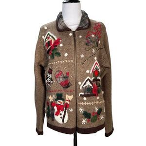 Victoria Jones Vintage Christmas Sweater Embroidery GrandmaCore Cardigan Snowman